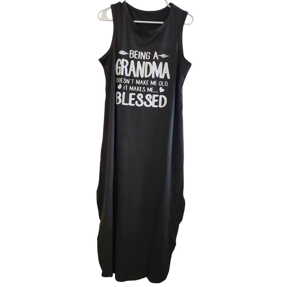 Women's Grandma Casual Black Loose Sleeveless Maxi Dress, Size L